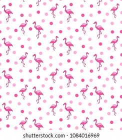 Seamless pattern of pink flamingos and circles.
