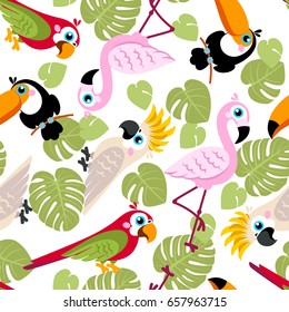 Seamless pattern with pink flamingos, cockatoo parrot, ara, Toucan and green palm leaves. Vector background. Design for fabric and decor.