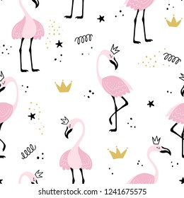 Seamless pattern with pink flamingos in a crown and abstract elements on a white background. Vector illustration.