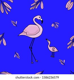 Seamless pattern of pink flamingos with a cub on a blue background. Stock vector illustration.