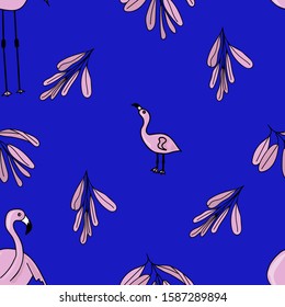 Seamless pattern of pink flamingos with a cub on a blue background. Stock vector illustration.