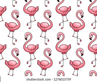 Seamless pattern of pink flamingos. Cute cartoon animal background. Print for textile, fabric, posters, postcard, decor, paper, wallpaper. Vector illustration.