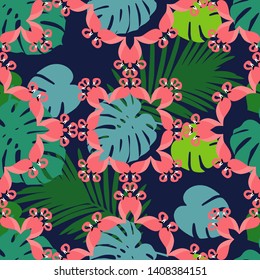 Seamless pattern with Pink Flamingos. Cute cartoon. Vector illustration. Can be used for wallpaper, textile, invitation card, wrapping, web page background.