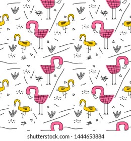 Seamless pattern with pink flamingos cute drawing and abstract elements background. Vector illustration childish hand drawn scandinavian art for fashion textile print.