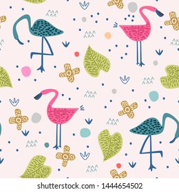 Seamless pattern with pink flamingos cute drawing and abstract elements background. Vector illustration childish hand drawn scandinavian art for fashion textile print.