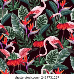 Seamless pattern with pink flamingos and exotic flowers. Vector