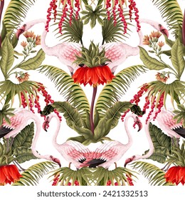 Seamless pattern with pink flamingos and exotic flowers. Vector