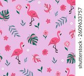 Seamless pattern with pink flamingos, flowers and tropical leaves. Vector graphics.