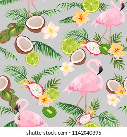 seamless pattern with pink flamingos, fruits and palm leaves 