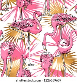 Seamless pattern. Pink Flamingos and Gold Tropical exotic fan palm leaves on a white background. Textile and wallpaper composition, hand drawn style print. Vector illustration.