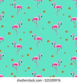 Seamless pattern with pink flamingos and gold glitter dots