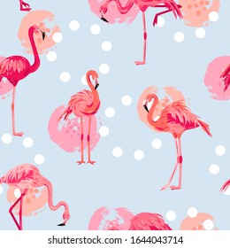 Seamless pattern with pink flamingos and hand drawn circles. Vector illustration.