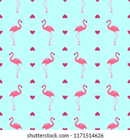 Seamless pattern with pink flamingos and hearts on a teal blue background.