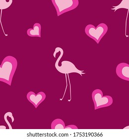 Patrón sin foco de flamencos rosados y corazones sobre un fondo rosado oscuro. Ilustración vectorial para textiles, anuncios, postales, carteles, pancartas, tela, papel.
