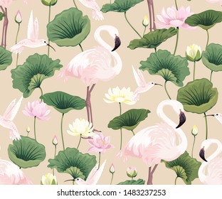 Seamless pattern with pink flamingos, hummingbirds and lotuses
