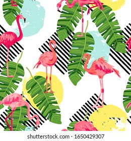 Seamless pattern with pink flamingos, jungle leaf and hand drawn style circles and stripes. Vector illustration.