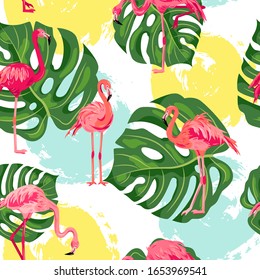 Seamless pattern with pink flamingos, jungle leaf monstera and hand drawn circles. Vector illustration.