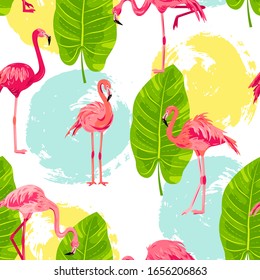 Seamless pattern with pink flamingos, jungle leaf and hand drawn circles. Vector illustration.