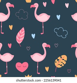 Patrón sin soldadura con flamencos rosados, hojas corazones de color y nubes