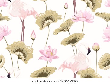 Seamless pattern with pink flamingos and lotuses