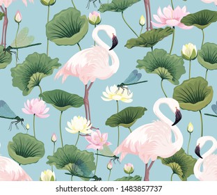 Seamless pattern with pink flamingos and lotuses