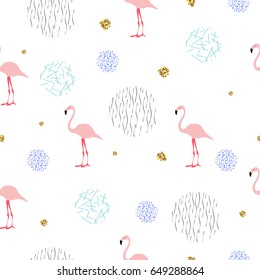 Seamless pattern with pink flamingos. Memphis style with geometric elements and plants 
