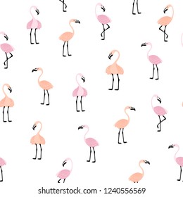 Seamless pattern with pink flamingos on a white background. Vector illustration.