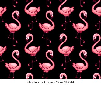 Seamless pattern of pink flamingos on a black background. Print for textile, fabric, posters, postcard, decor, paper, wallpaper. Vector illustration.