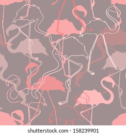 Seamless pattern of pink flamingos on a grey background