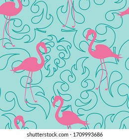 Patrón transparente de flamencos rosas sobre un fondo verde del contorno de las hojas tropicales. Ilustración vectorial para textiles, anuncios, postales, invitaciones, carteles, banners, tela, papel.