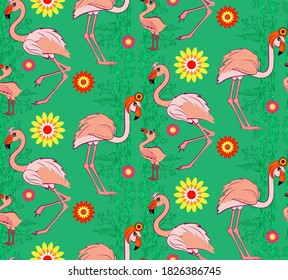 seamless pattern with pink flamingos on the background of green bamboo