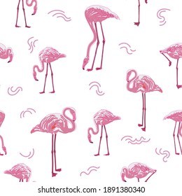 Seamless pattern of pink flamingos on white background. vector illustration.