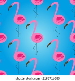 Patrón sin brillo con flamencos rosados sobre fondo degradado azul. Conjunto de pájaros tropicales. Cartel con colección de flamencos rosas. Concepto de verano exótico.