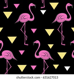 Seamless pattern with pink flamingos on a black background. Tropical vector print. Pop art style.