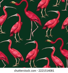 Seamless pattern with pink flamingos and other bird on the green background. Vector.