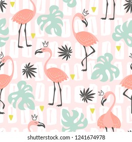 Seamless pattern with pink flamingos and palm leaves on abstract background. Funny tropical illustration made in vector.