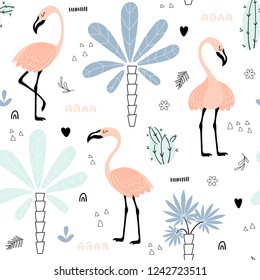 Seamless pattern with pink flamingos, palm trees and cacti on a white background. Funny tropical illustration made in vector.