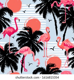Seamless pattern with pink flamingos, palm trees and sun. Vector illustration.