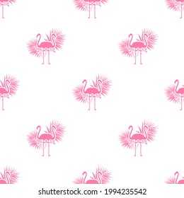 Patrón sin foco con flamencos rosados y hojas de palma sobre fondo blanco. papel pintado, bueno para imprimir y tejido. Ornamento de pájaro tropical. Colorido diseño de dibujos animados. Ilustración vectorial plana