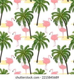 Seamless pattern with pink flamingos and palm trees.