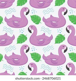 Seamless pattern with pink flamingos and palm leaves. A float for the pool. Inflatable pink flamingos. A swimming circle. Vector pattern for your summer beach design