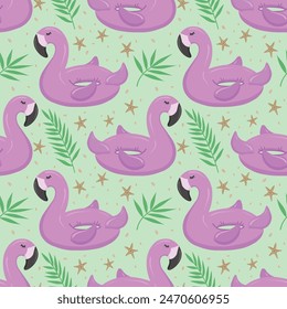 Seamless pattern with pink flamingos and palm leaves. A float for the pool. Inflatable pink flamingos. A swimming circle. Vector pattern for your summer beach design