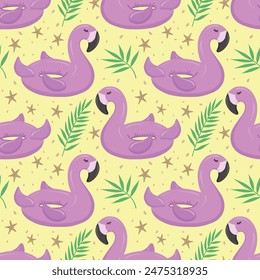 Seamless pattern with pink flamingos and palm leaves. A float for the pool. Inflatable pink flamingos. A swimming circle. Vector pattern for your summer beach design