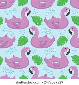 Seamless pattern with pink flamingos and palm leaves. A float for the pool. Inflatable pink flamingos. A swimming circle. Vector pattern for your summer beach design