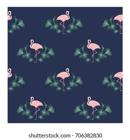 Seamless pattern  pink flamingos and palm leaves on a blue background,  vector  illustration