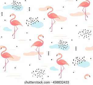 Seamless pattern with pink flamingos. Simple design to fabric. Light pattern. Memphis style with stains and lines