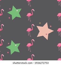 Seamless pattern with pink flamingos and stars on a gray background