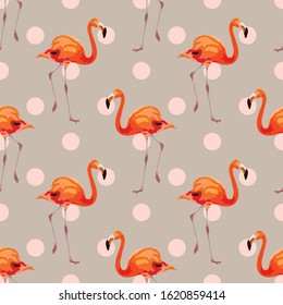 Seamless pattern with pink flamingos. Stylized flamingo. Wallpaper, print, wrapping paper, banner, poster, promotional material. Vector illustration.