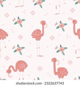 Nahtloses Muster mit rosafarbenen Flamingos. Diese Kollektion eignet sich hervorragend für die Erstellung von Bücher und Notizblöcken, Kunstdrucken, Postkarten, Aufklebern, Plakaten, Collagen, Branding, sozialen Medien, Kleidung.