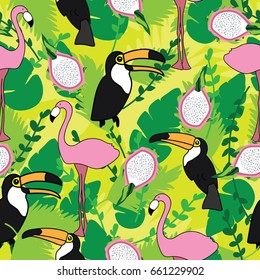 Seamless pattern with pink flamingos, toucan, green leaves and dragon fruit. Vector background. Design for fabric, decor, card.